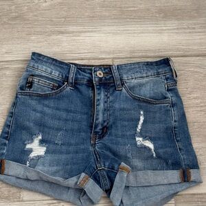 KanCan Blue Jean Shorts with Distressed Details and Cuffed Hem